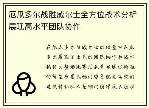 厄瓜多尔战胜威尔士全方位战术分析展现高水平团队协作