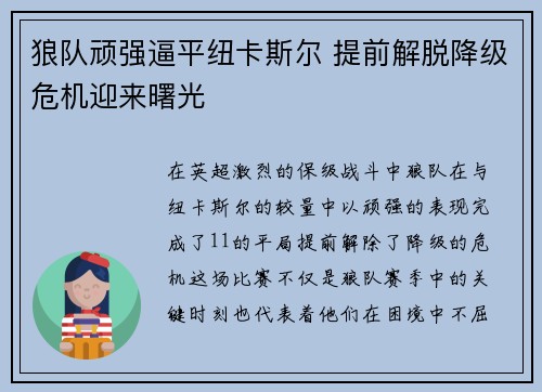狼队顽强逼平纽卡斯尔 提前解脱降级危机迎来曙光