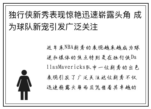 独行侠新秀表现惊艳迅速崭露头角 成为球队新宠引发广泛关注